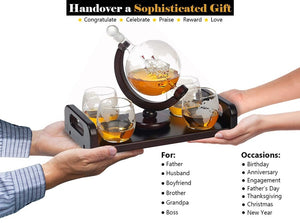 Etched Globe Whiskey Decanter Set + 4 Whisky Glasses