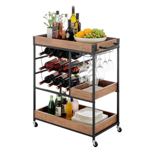 Walnut Veneer Metal Rolling Wine Bar Cart with Storage Rack