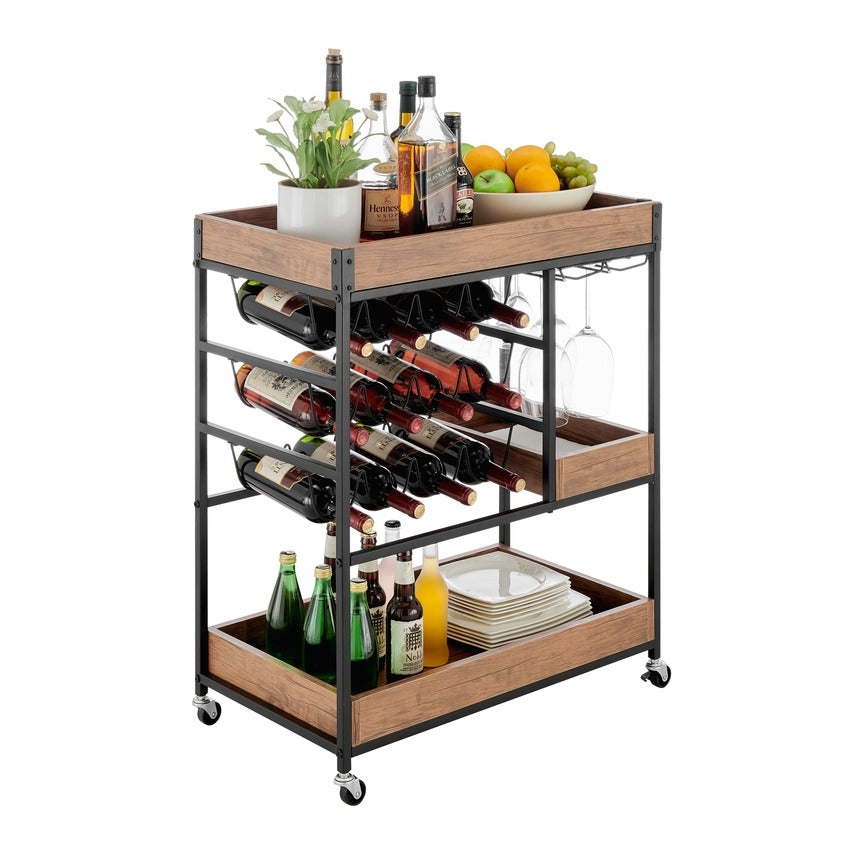 Walnut Veneer Metal Rolling Wine Bar Cart with Storage Rack