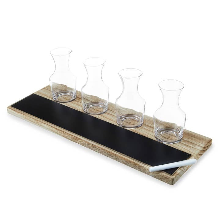 Glass Carafes & Wood W/Chalkboard Wine Flight - Set of 5