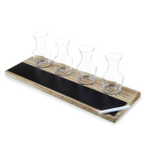 Glass Carafes & Wood W/Chalkboard Wine Flight - Set of 5