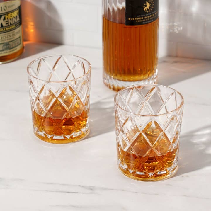 Diamond-Faceted Crystal Whiskey Glasses - Set of 4