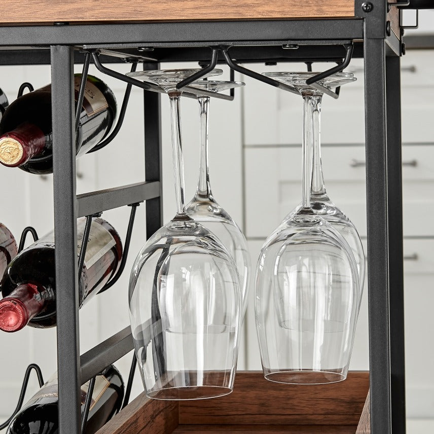 Walnut Veneer Metal Rolling Wine Bar Cart with Storage Rack