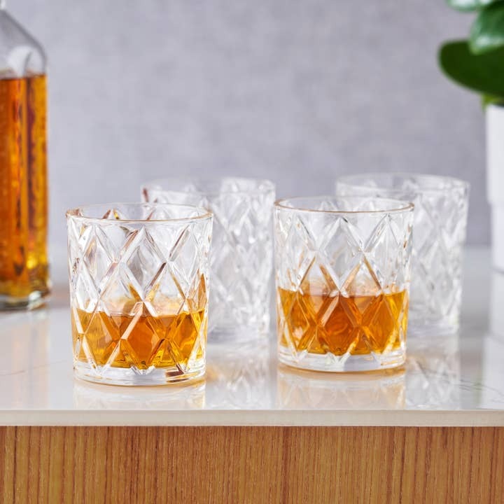 Diamond-Faceted Crystal Whiskey Glasses - Set of 4