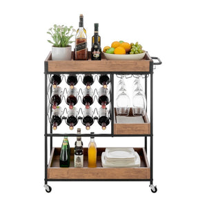 Walnut Veneer Metal Rolling Wine Bar Cart with Storage Rack