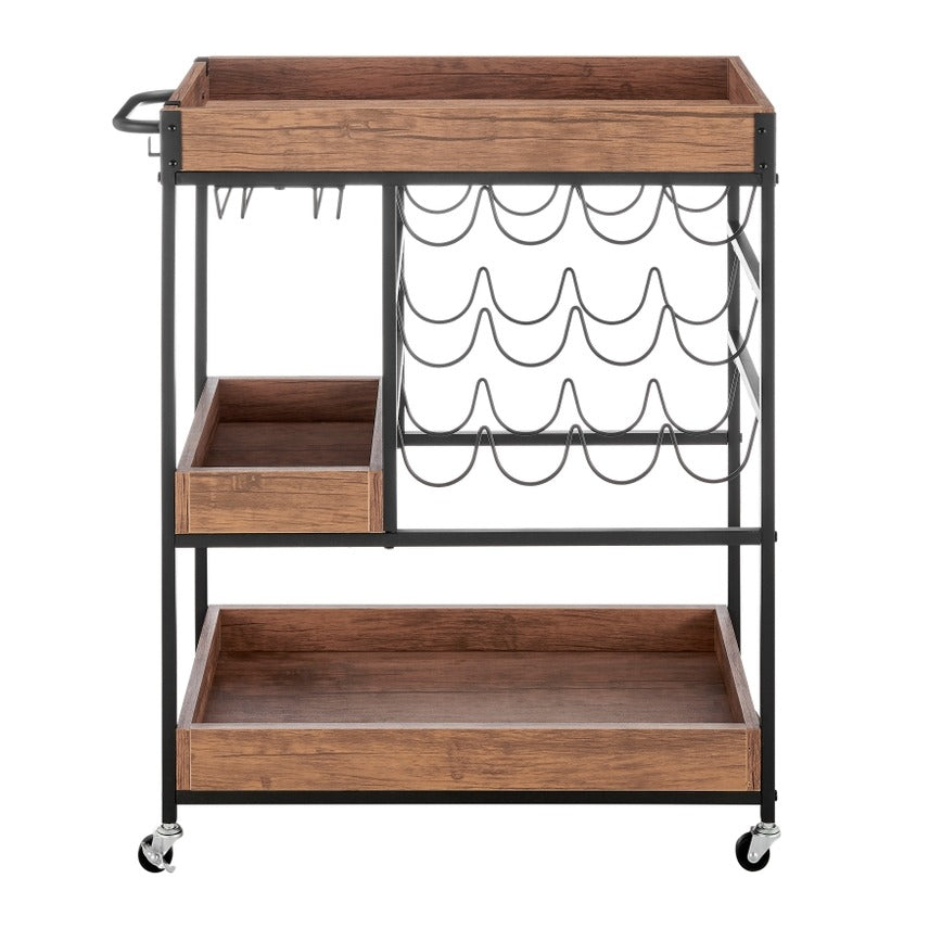 Walnut Veneer Metal Rolling Wine Bar Cart with Storage Rack