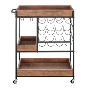 Walnut Veneer Metal Rolling Wine Bar Cart with Storage Rack