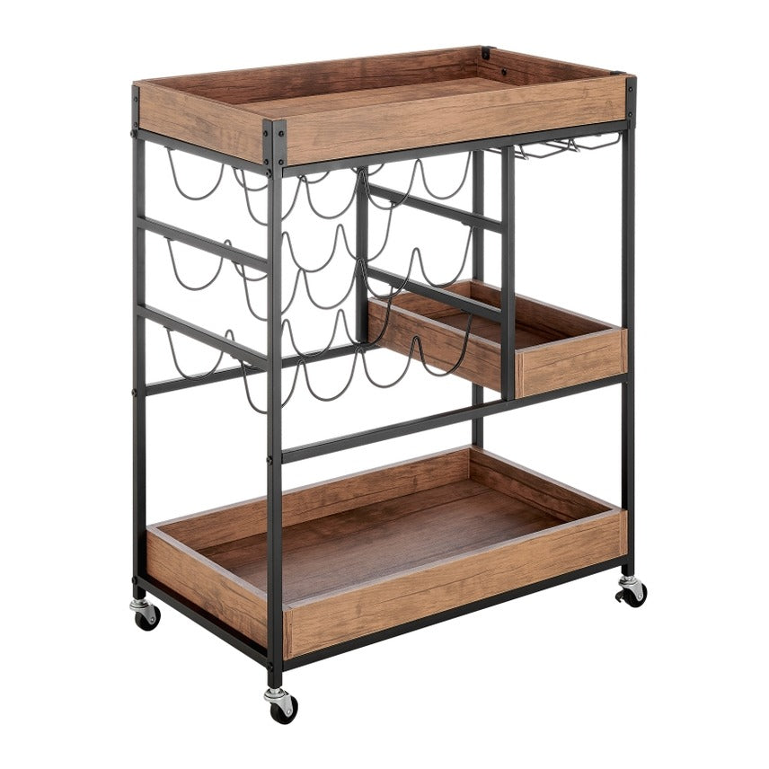 Walnut Veneer Metal Rolling Wine Bar Cart with Storage Rack