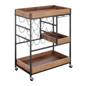 Walnut Veneer Metal Rolling Wine Bar Cart with Storage Rack