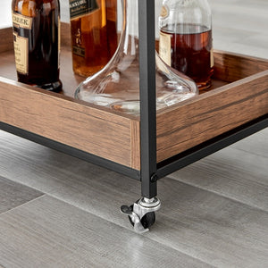 Walnut Veneer Metal Rolling Wine Bar Cart with Storage Rack