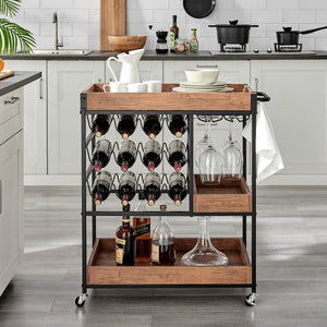 Walnut Veneer Metal Rolling Wine Bar Cart with Storage Rack