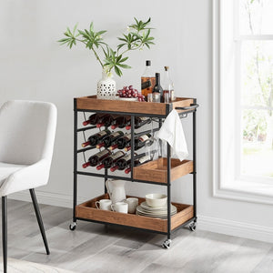 Walnut Veneer Metal Rolling Wine Bar Cart with Storage Rack