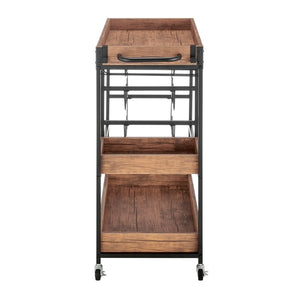 Walnut Veneer Metal Rolling Wine Bar Cart with Storage Rack