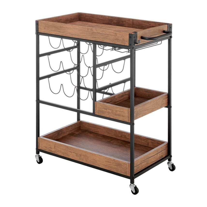 Walnut Veneer Metal Rolling Wine Bar Cart with Storage Rack