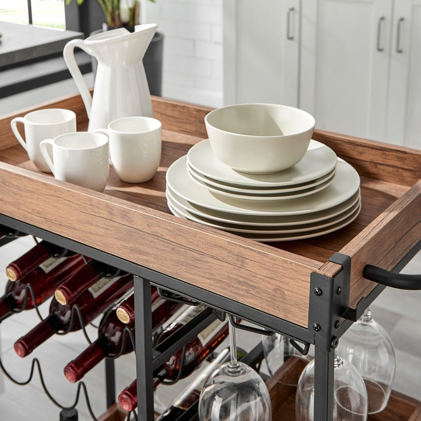 Walnut Veneer Metal Rolling Wine Bar Cart with Storage Rack