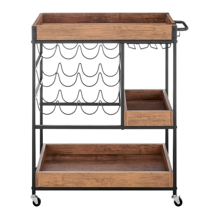 Walnut Veneer Metal Rolling Wine Bar Cart with Storage Rack