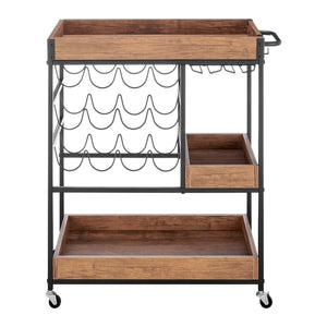 Walnut Veneer Metal Rolling Wine Bar Cart with Storage Rack