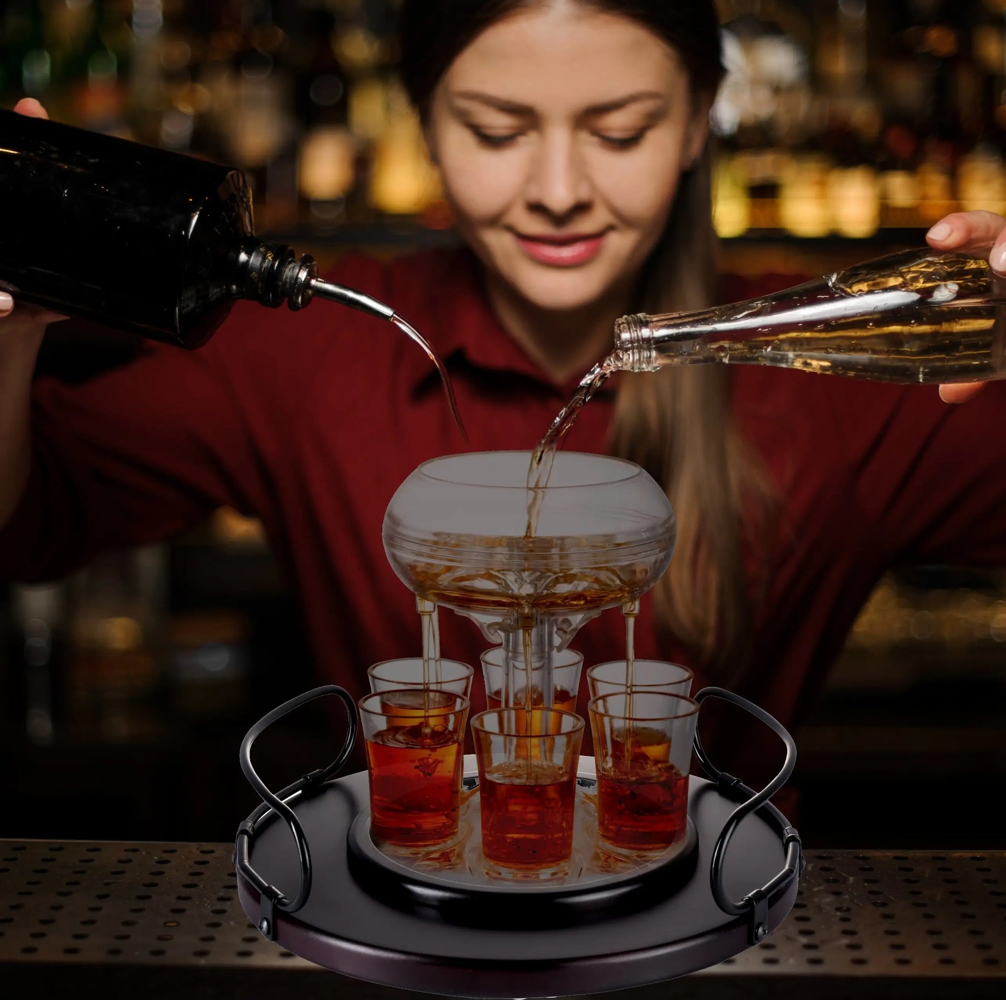 6 Shot Glass Dispenser Gift Set - Mahogany Tray Drinking Set
