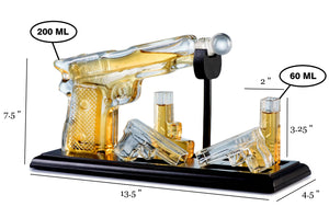 Whiskey Gun Decanter &Shot Glasses Gift Set - Mahogany Tray
