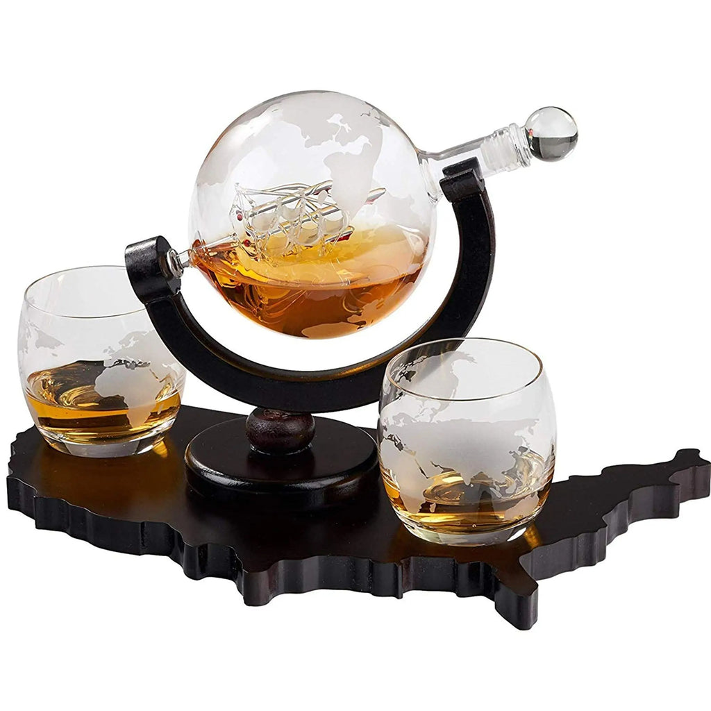 Whiskey Decanter Set World Etched Globe Decanter