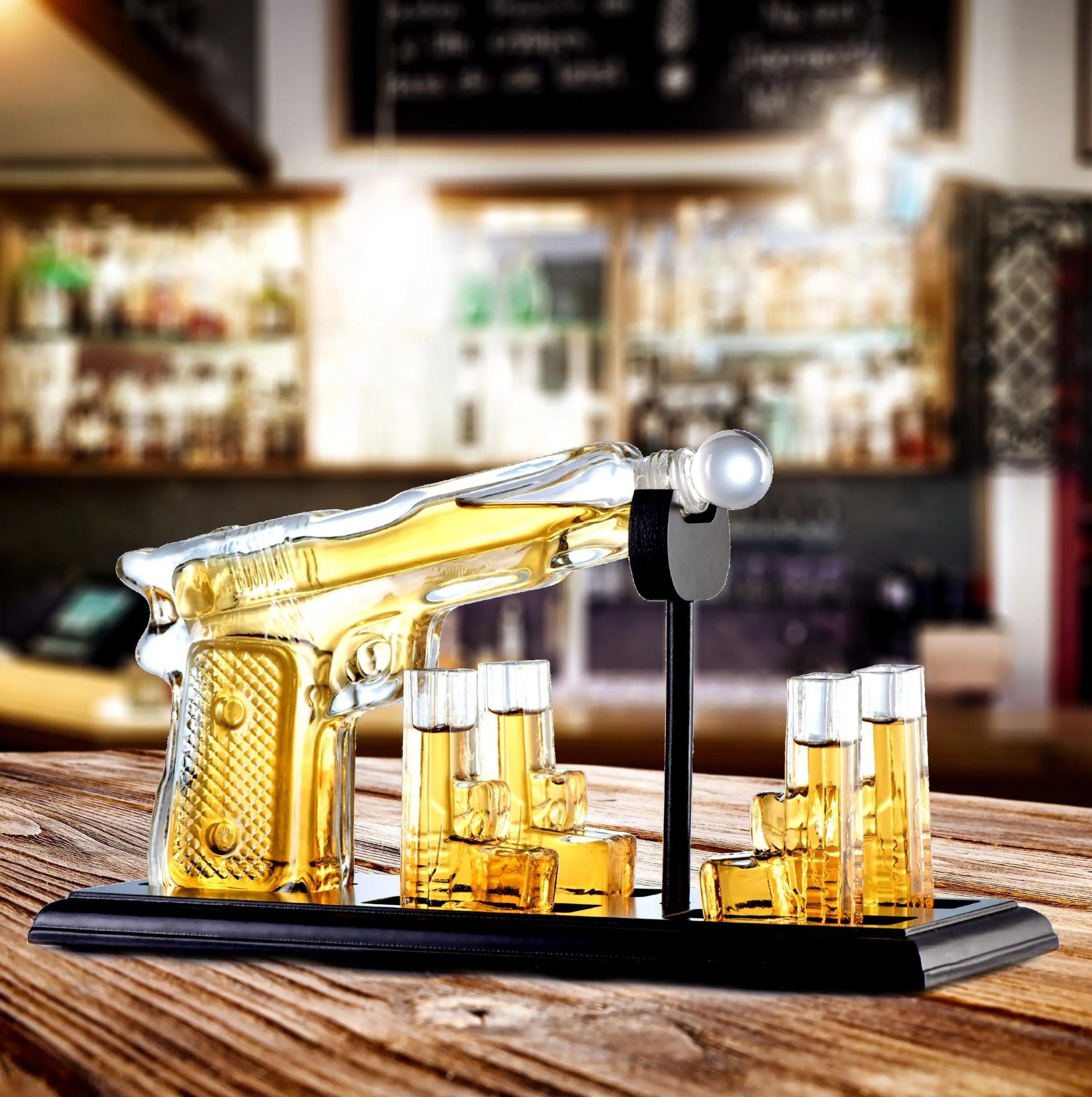 Whiskey Gun Decanter &Shot Glasses Gift Set - Mahogany Tray